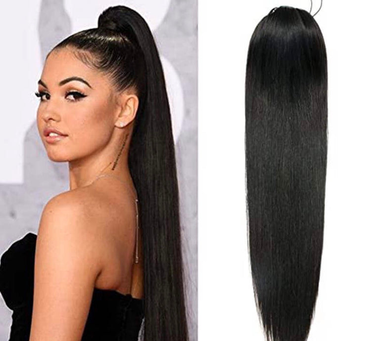 Natural Straight Brazilian Hair Ponytail clip in Puff for Black Women