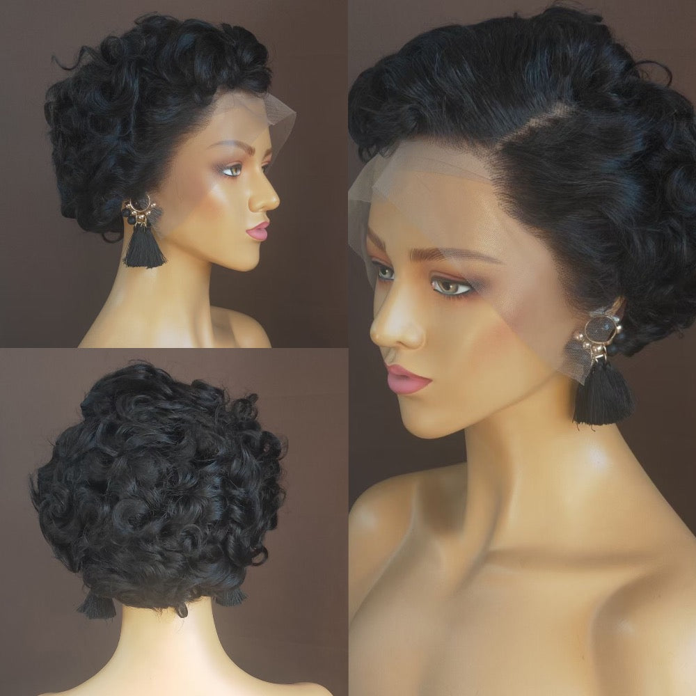 Pixie Cut Curly Hair Black Woman Human hair Lace Frontal Wig 13x4