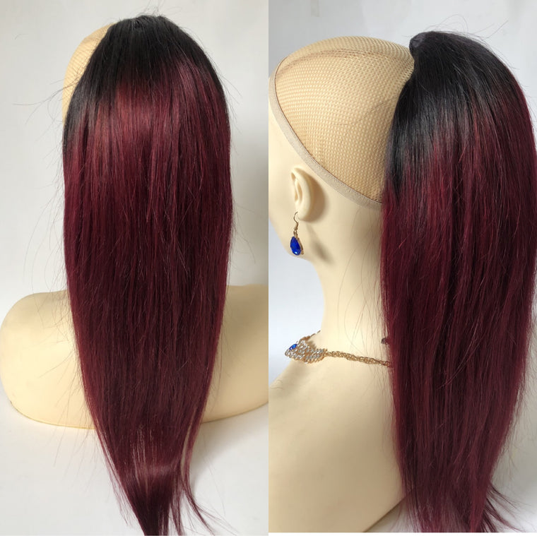 Red Ombre Human Hair Ponytail Straight drawstring ponytail for Black Women