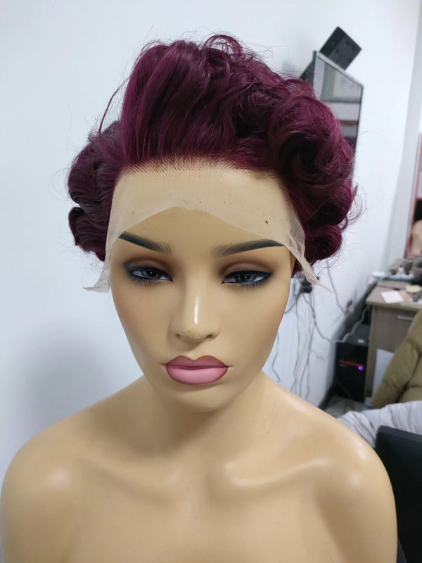 Red Short Pixie Cut Wigs Human Hair Lace frontal wig for Black Women