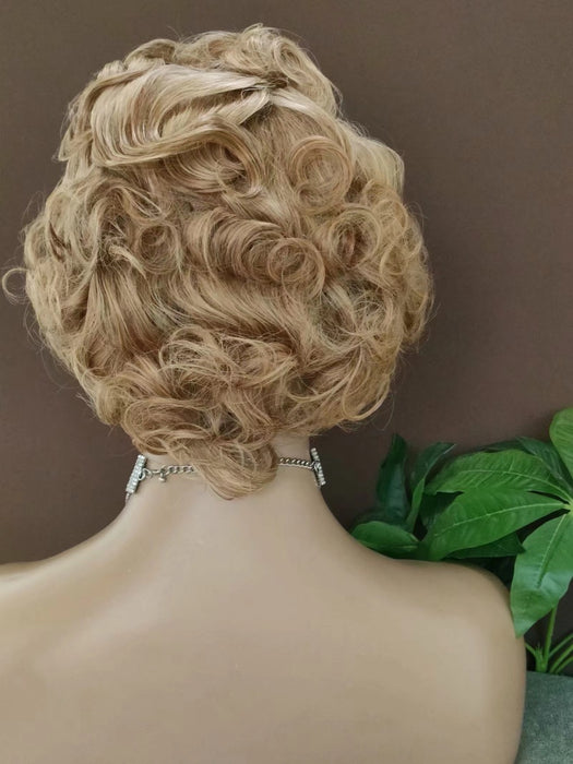 Brown Pixie Cut Human Hair Wig Curly Lace frontal Wig for African American