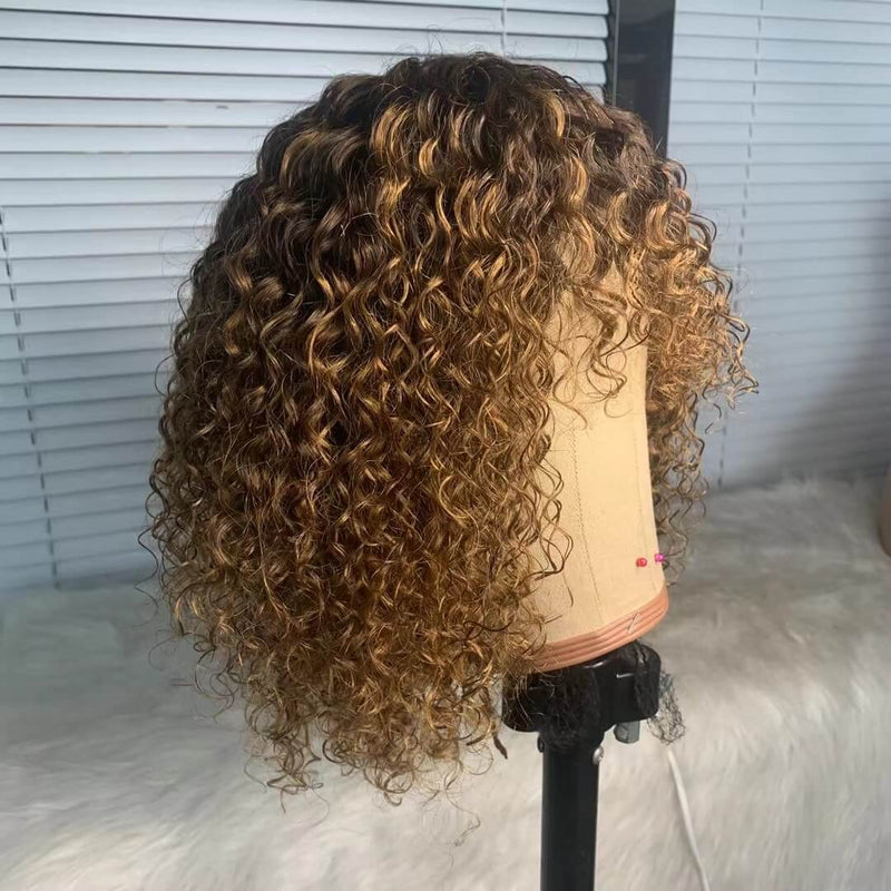 Brown highlight Human Hair Curly Wig With Bangs For black women