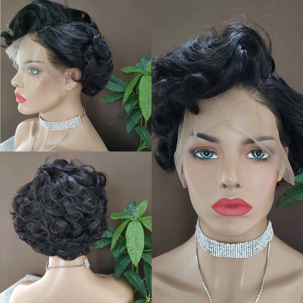 Short Curly Pixie Human Hair Wigs Lace Frontal Wig for African American