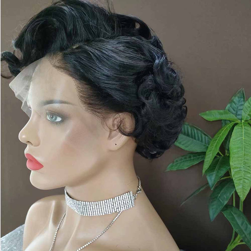 Short Curly Pixie Human Hair Wigs Lace Frontal Wig for African American