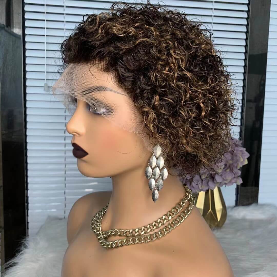 Short highlight Curly Wig With Bangs Human Hair Kinky Curl Wig For Women