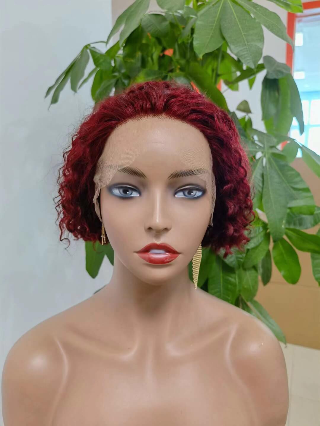 Short  BOB Curly Lace Wig #99J T-part lace Wig for African American