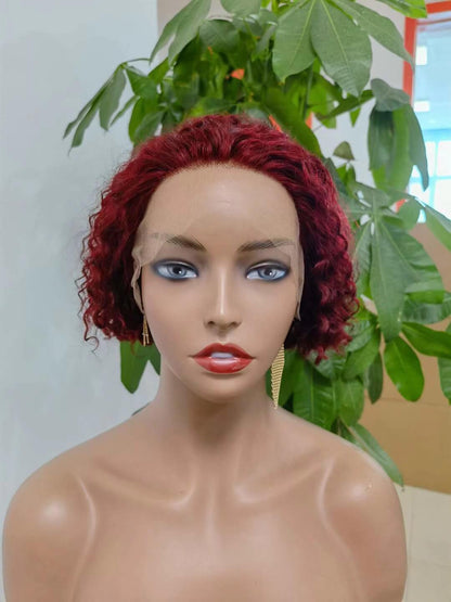 Short  BOB Curly Lace Wig #99J T-part lace Wig for African American