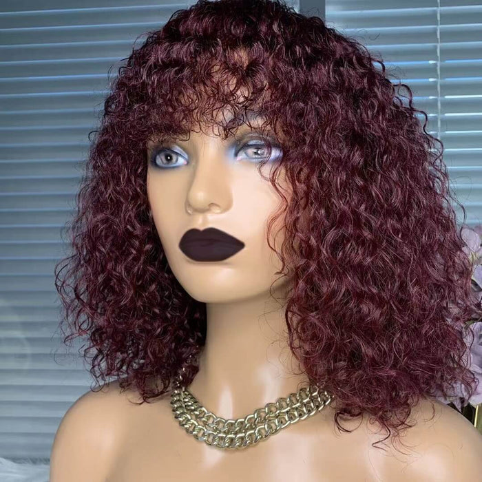 Wine Red Curly Wig With Bangs Human Hair Kinky Curl For Women