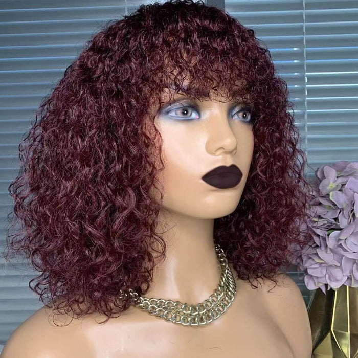 Wine Red Curly Wig With Bangs Human Hair Kinky Curl