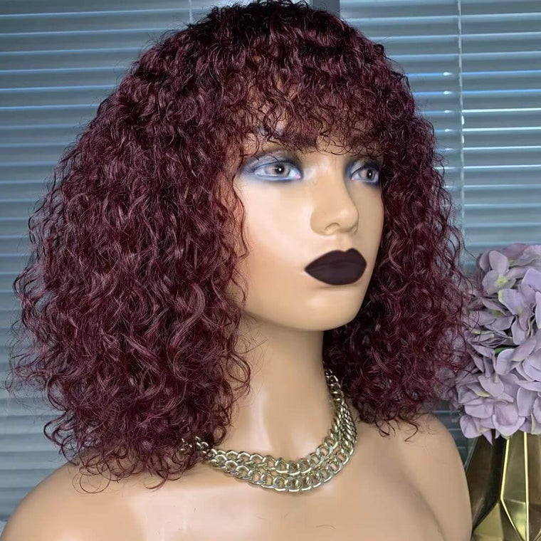 Wine Red Curly Wig With Bangs Human Hair Kinky Curl  For Women
