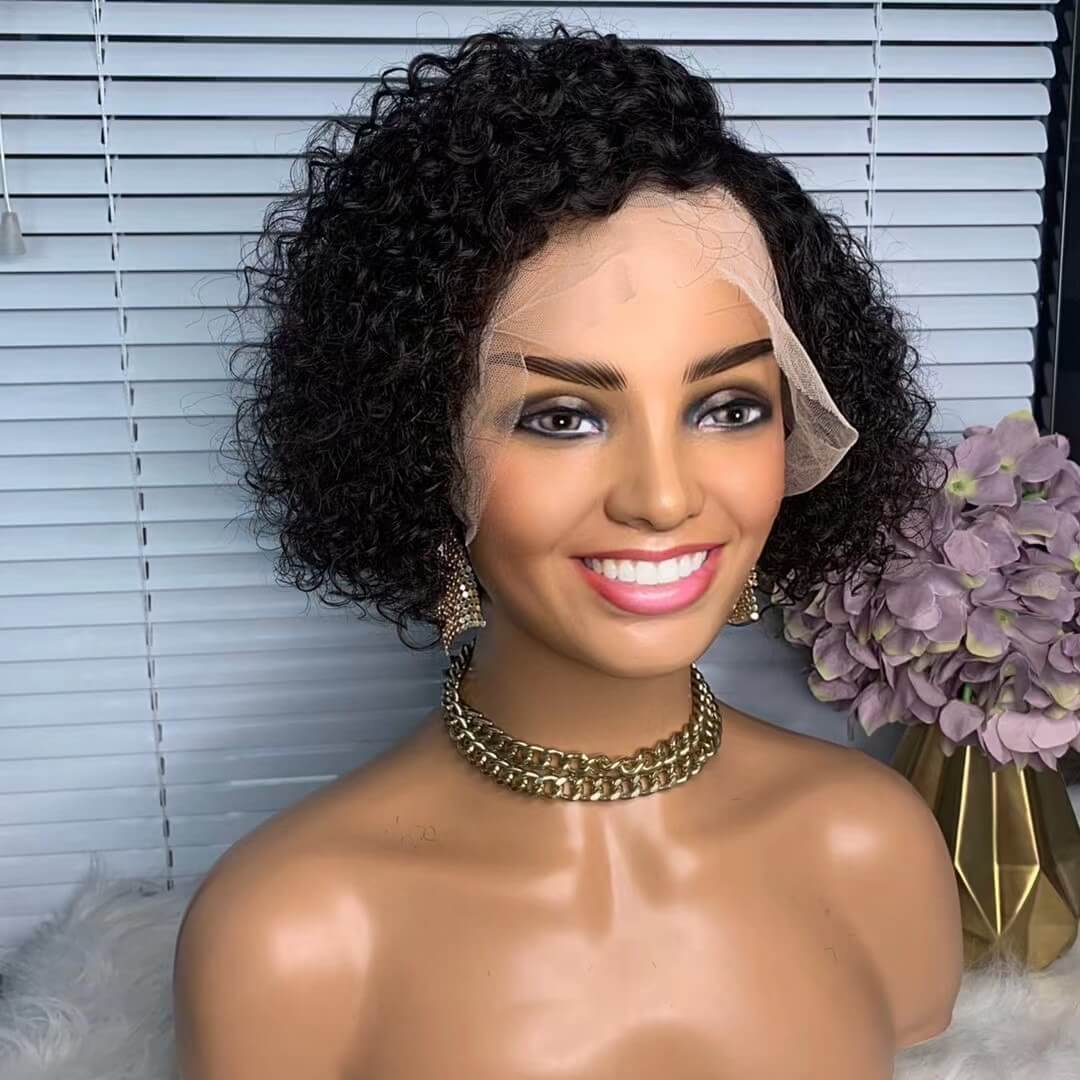 black curly bob wig with side part