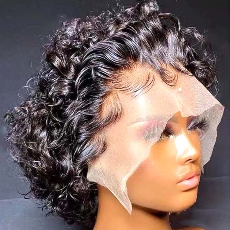 Pixie Cut Wig Short Curly Human Hair Transparent Lace Wig for Black Women