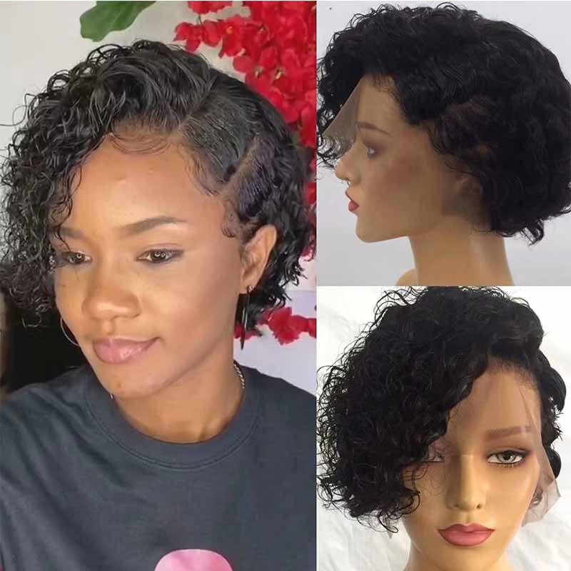 black curly pixie cut wig human hair for black women
