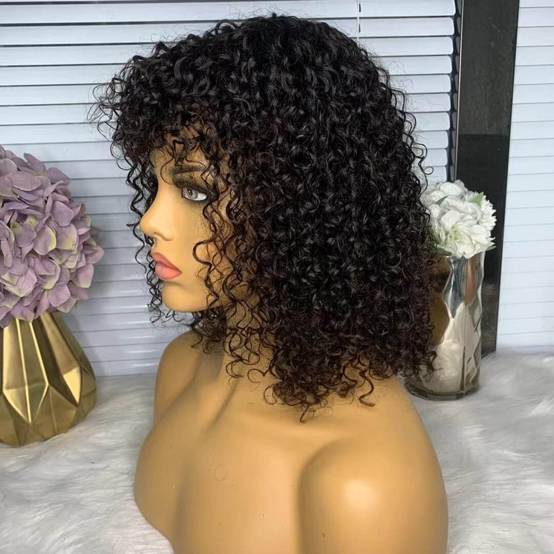 black human hair curly wig with bangs for black women
