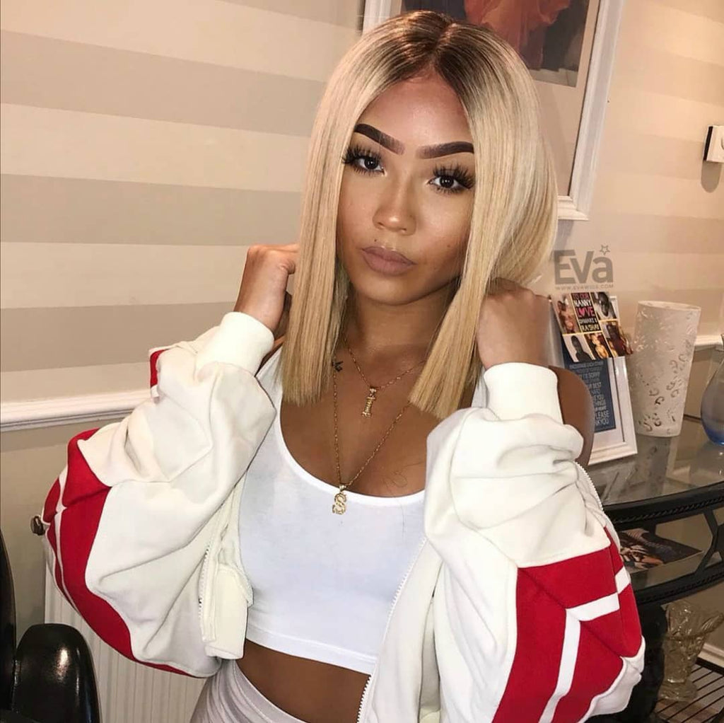 Dark Roots Blonde BOB Wig Human Hair for African American Middle Part