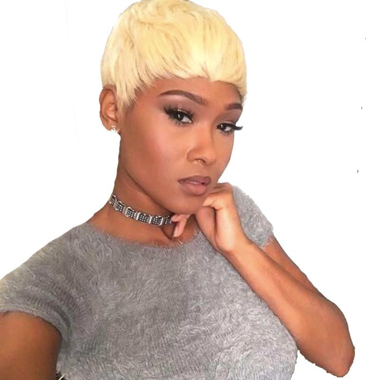 Short Blonde Straight Pixie Cut Wig Lace Front Human Hair for Black Women