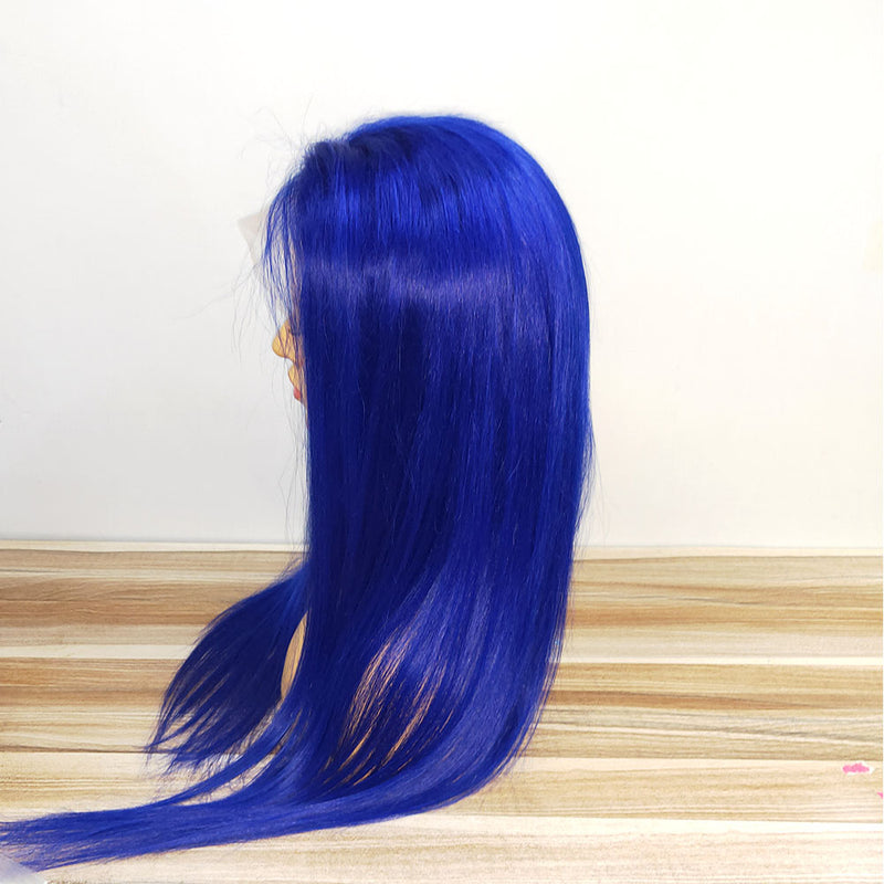 long straight human hair lace wig blue color 