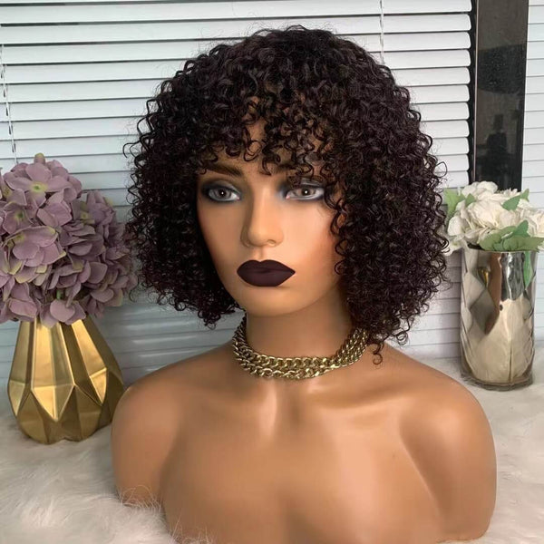 Perruque Courte Afro Bouclée En Cheveux Humains - Noir - Taille Moyenne - Monofilament - Avec Cadeau