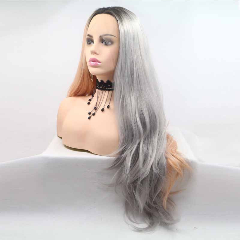 Brown Grey Synthetic Lace Front Wig 