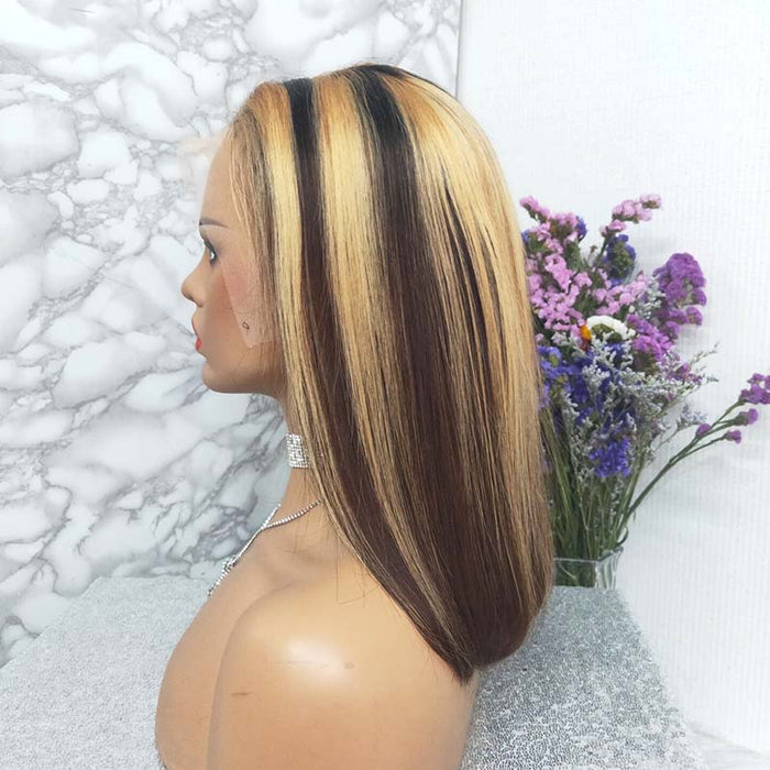 brown hightlight color human hair bob wig for black women