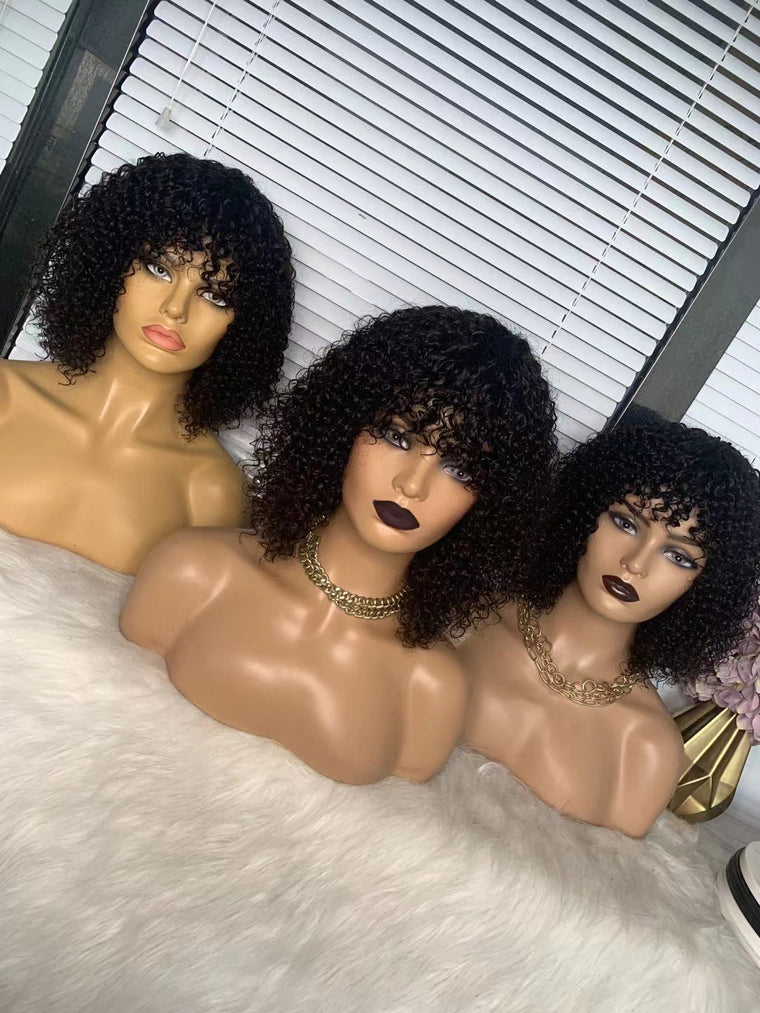 Black Human Hair Curly Wig With Bangs For African American