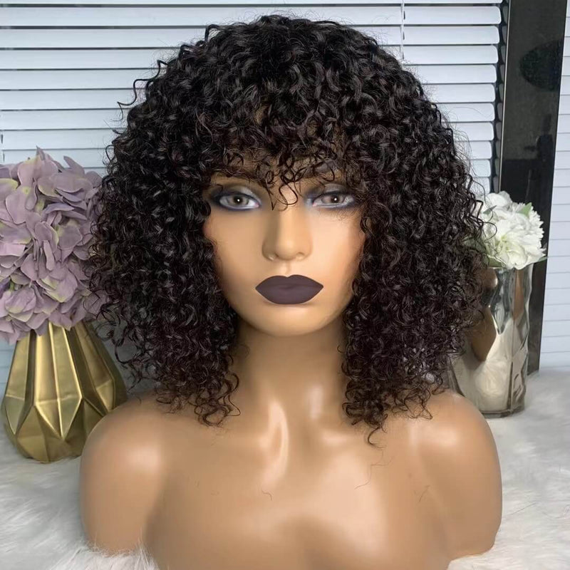curly human hair wig with bangs for black women