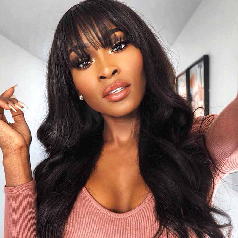 human hair body wave wig with bangs for black women
