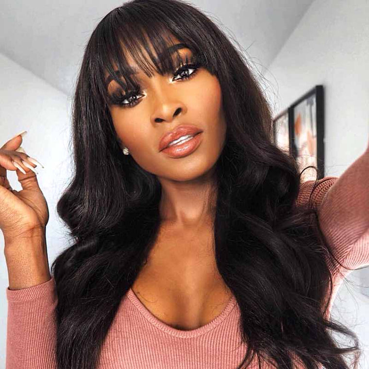 Natural Color Brazilian human hair body wave wig with bangs-Surprisehair