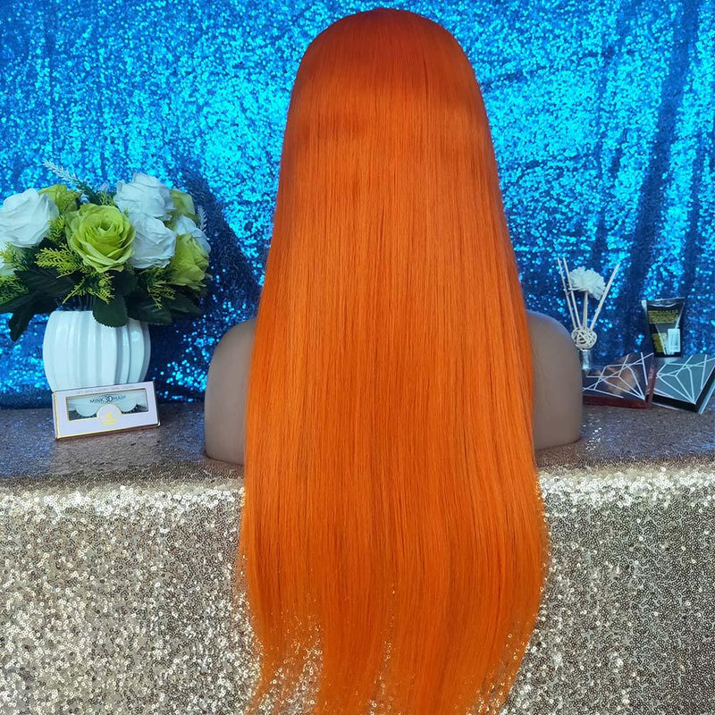 orange color lace frontal wig  human hair straight 