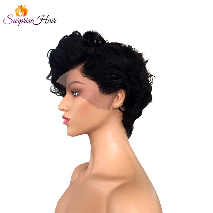 Short curly Pixie Cut Lace Wig Human Hair Natural Black