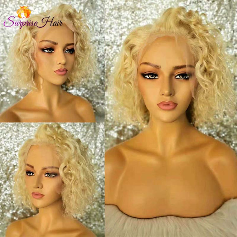 Blonde BOB curly Lace Wig 13x4 Middle Length Human Hair Wig Surprisehair