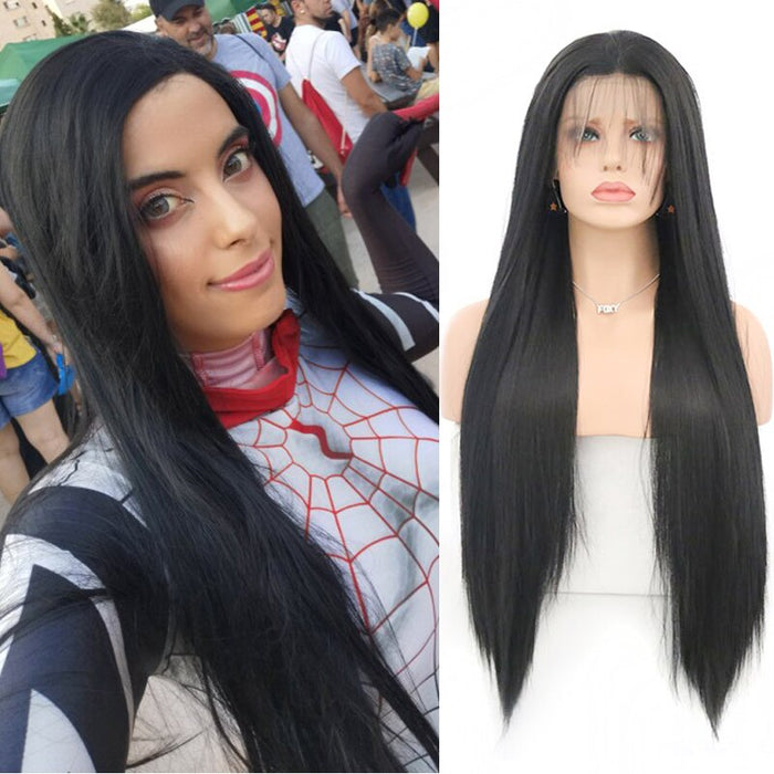 Heat Resistant Fiber black Synthetic Lace Front Wig With Baby Hair For Women