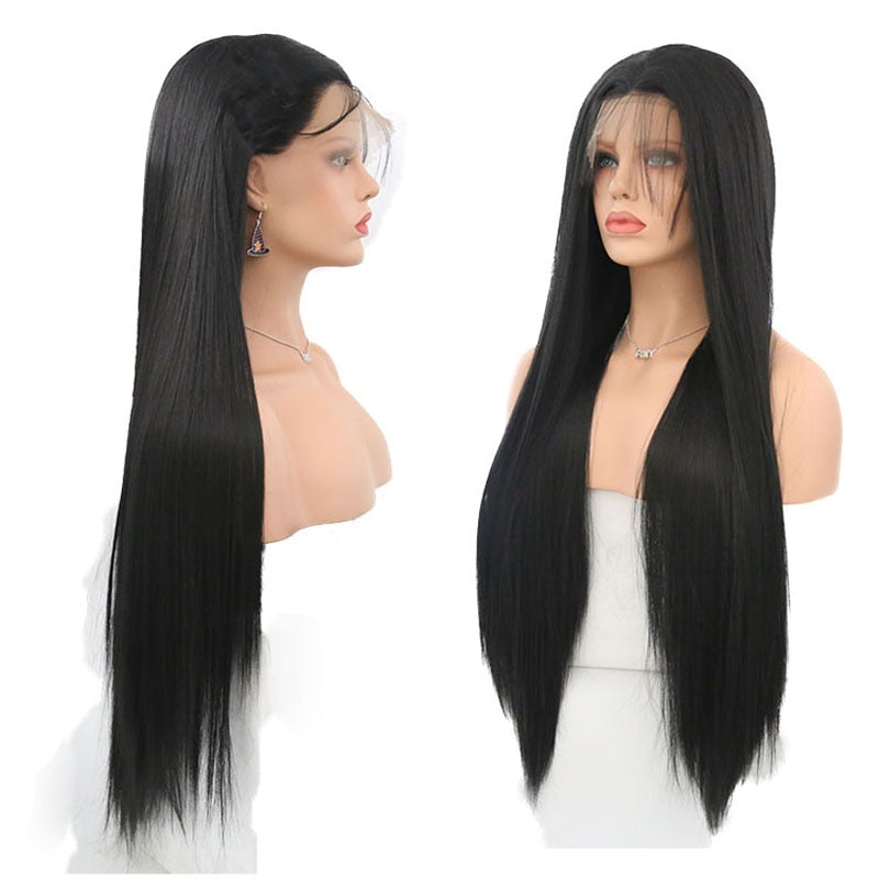 Heat Resistant Fiber black Synthetic Lace Front Wig With Baby Hair For Women