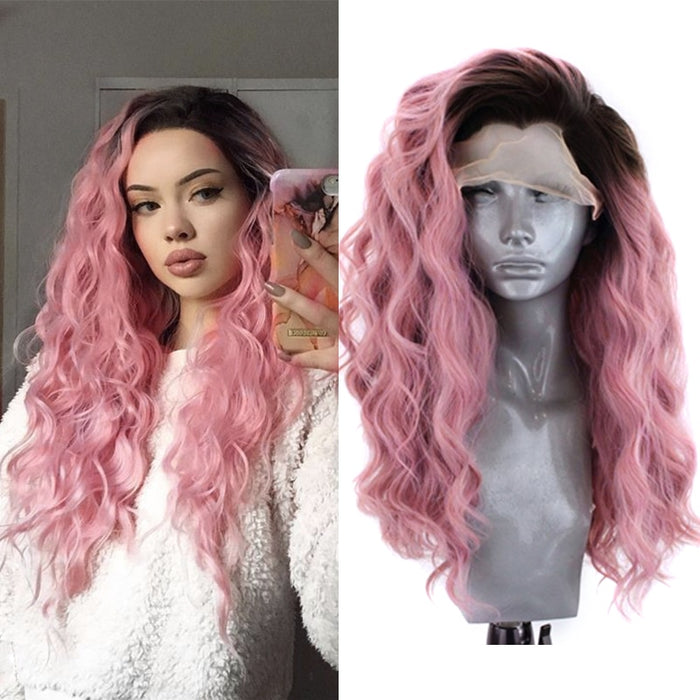 Ombre Pink Wave Synthetic Lace Front Wig Heat Resistant Fiber Wigs
