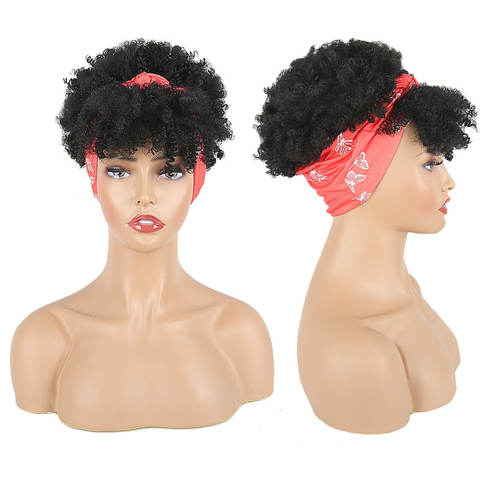 Natural Hair Puff with Bangs Drawstring Afro Kinky Puff with Headband