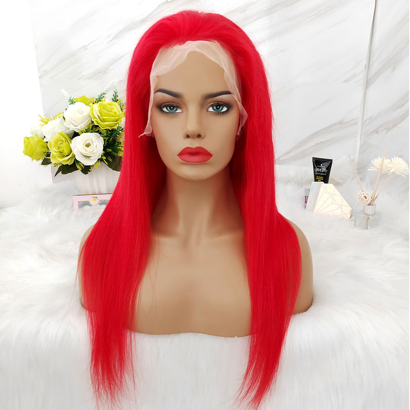 red color human hair lace wig straight 