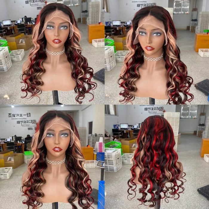 Red Blonde Highlight Lace Wig Loose Wave Human Hair for African American-2