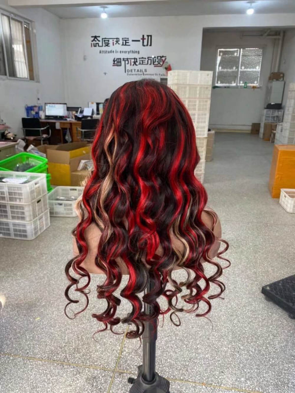 Red Blonde Highlight Lace Wig Loose Wave Human Hair for African American-3