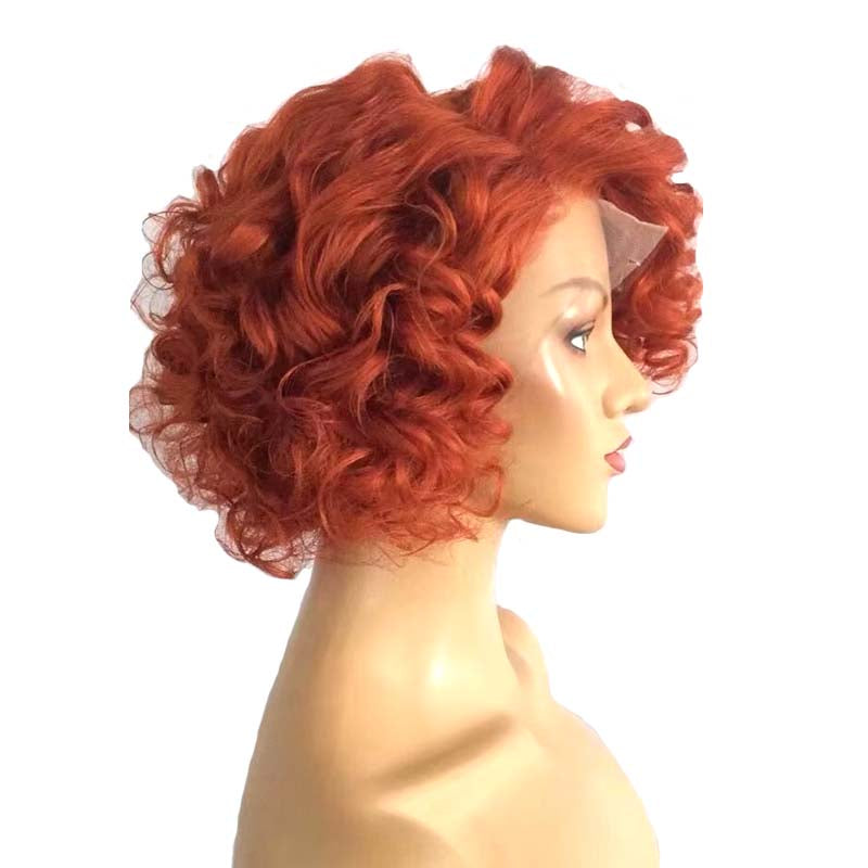 red human hair pixie cut curly wig