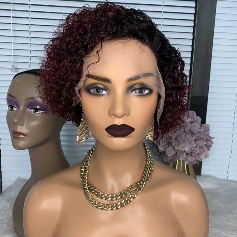 Red Ombre Curly Bob Wig Side Part Human Hair Wig For African American