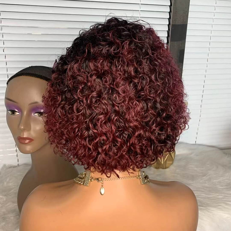 red ombre curly bob wig side part for black women