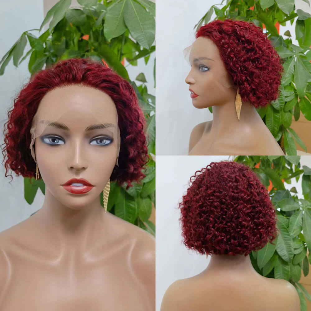 Short  BOB Curly Lace Wig #99J T-part lace Wig for African American