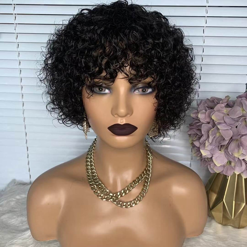 short black curly wig with bangs