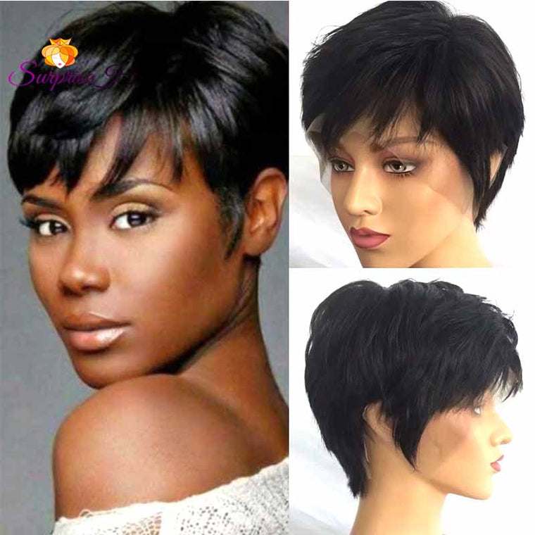 Short black pixie cut lace frontal wig human hair for African American