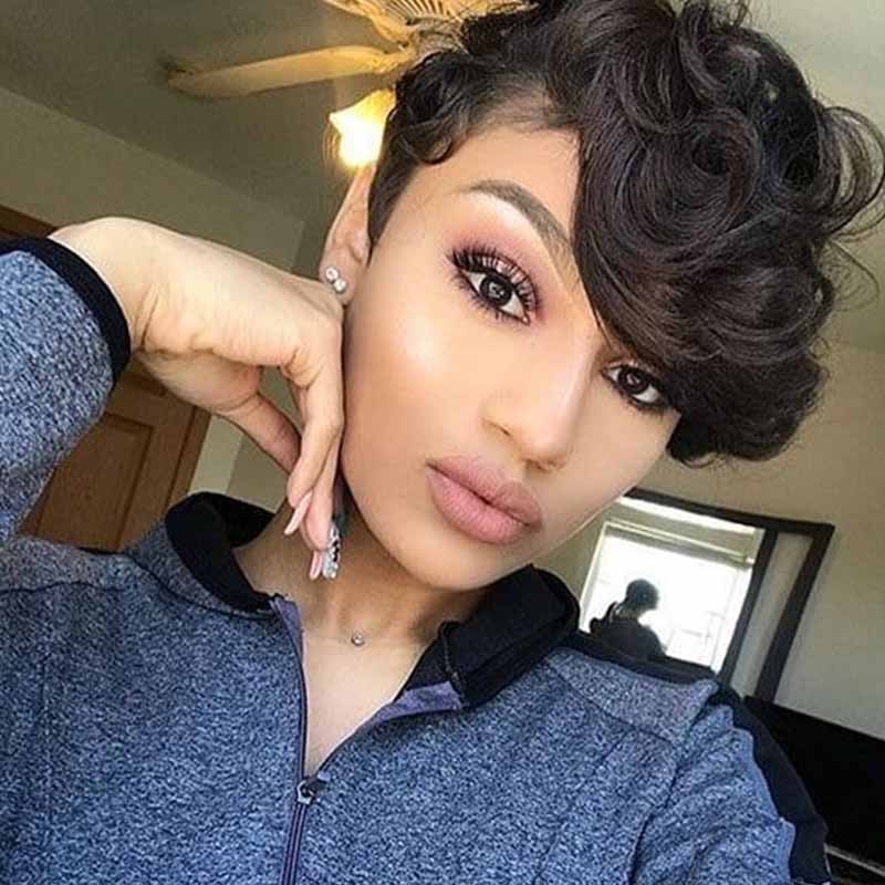 Short curly Pixie Cut Lace Wig Brazilian Human Hair Natural Black