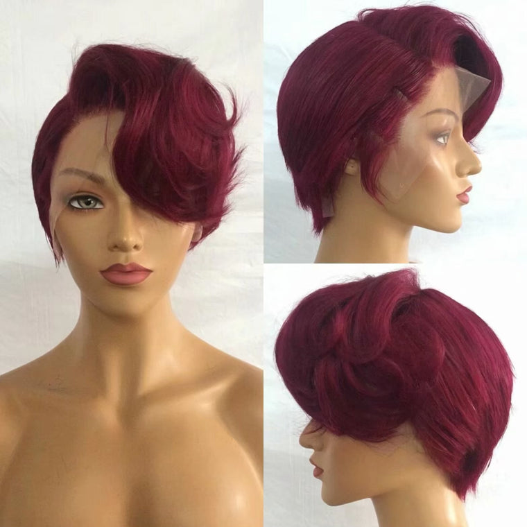 Short Red Pixie Cut Wig  Lace frontal Human Hair 150% Density