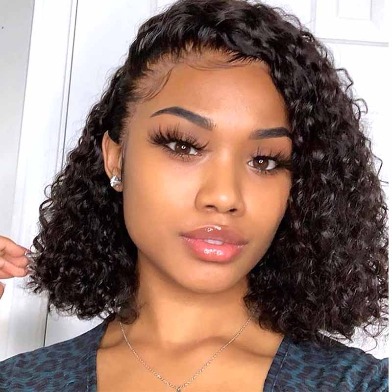 side part short human hair curly wig lace frontal fro black women