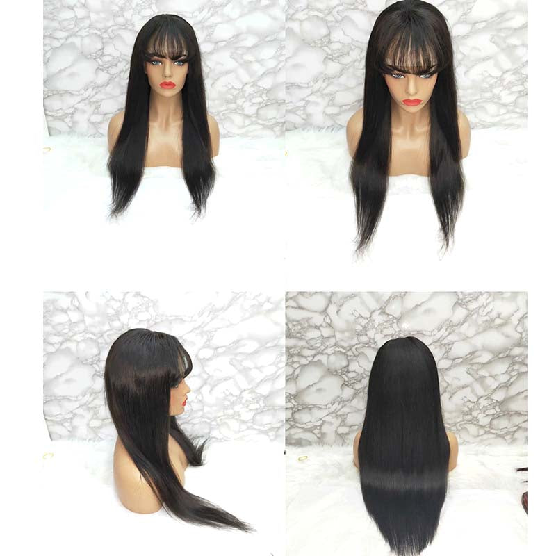 straight human hair lace frontal wig with bangs
