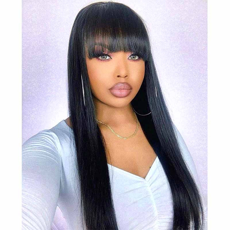 Black Straight Lace frontal Wigs with Bangs Human Hair for Black Women