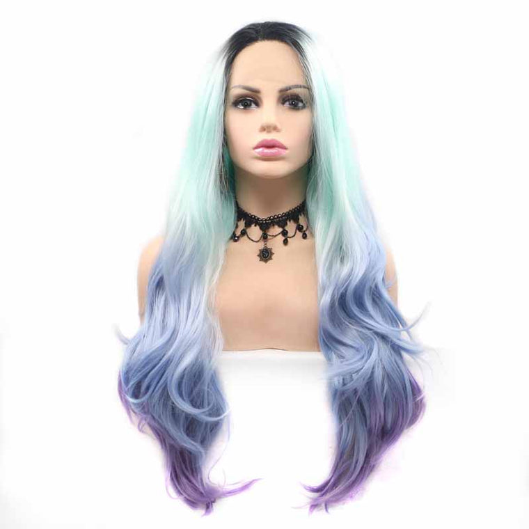Blue Ombre Synthetic Wig Long  Body Wave 13x3  Lace Wig